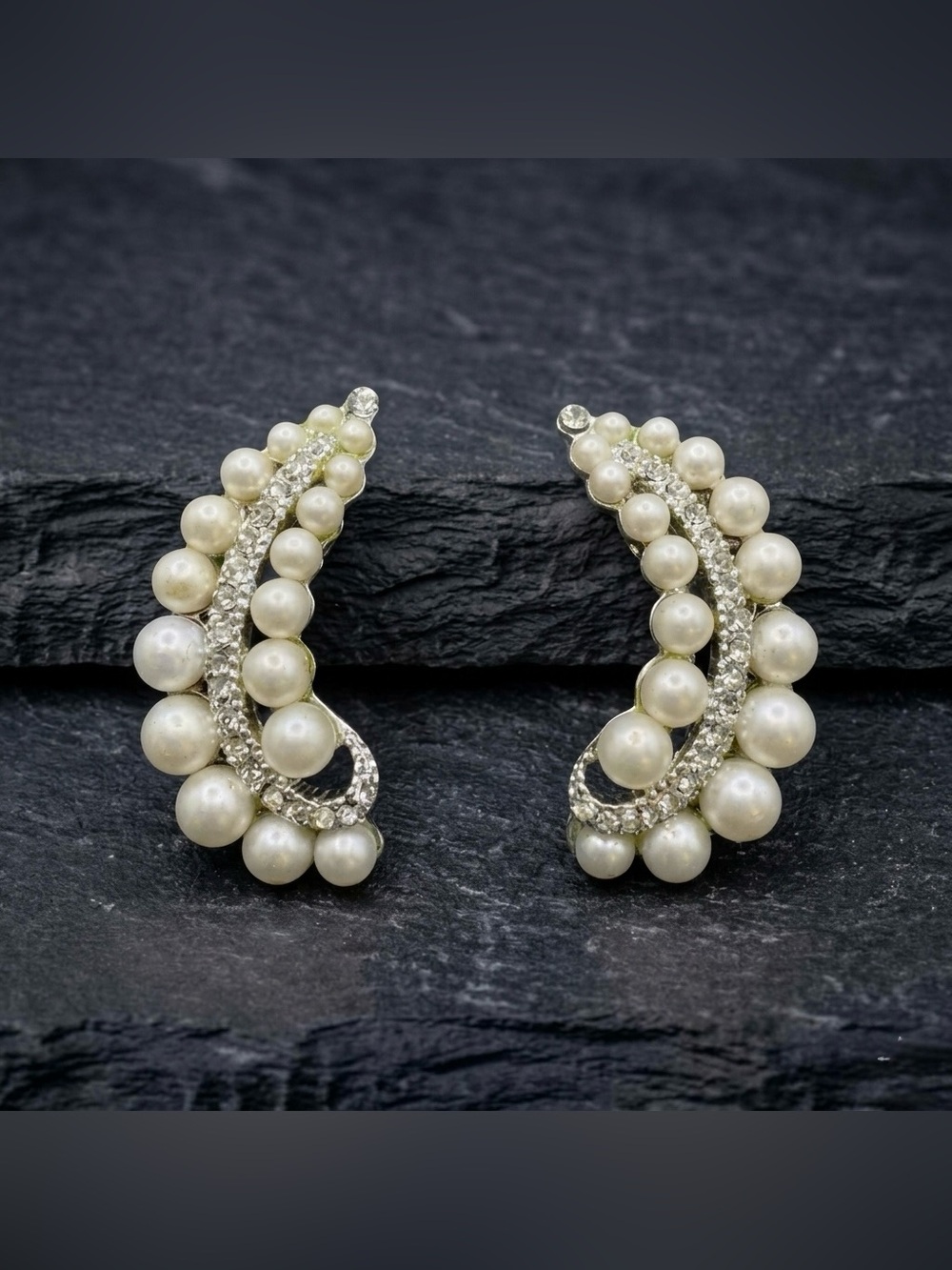 Vintage 50s Faux Pearl Rhinestone Graduated Silver Tone Climber Clip On Earrings